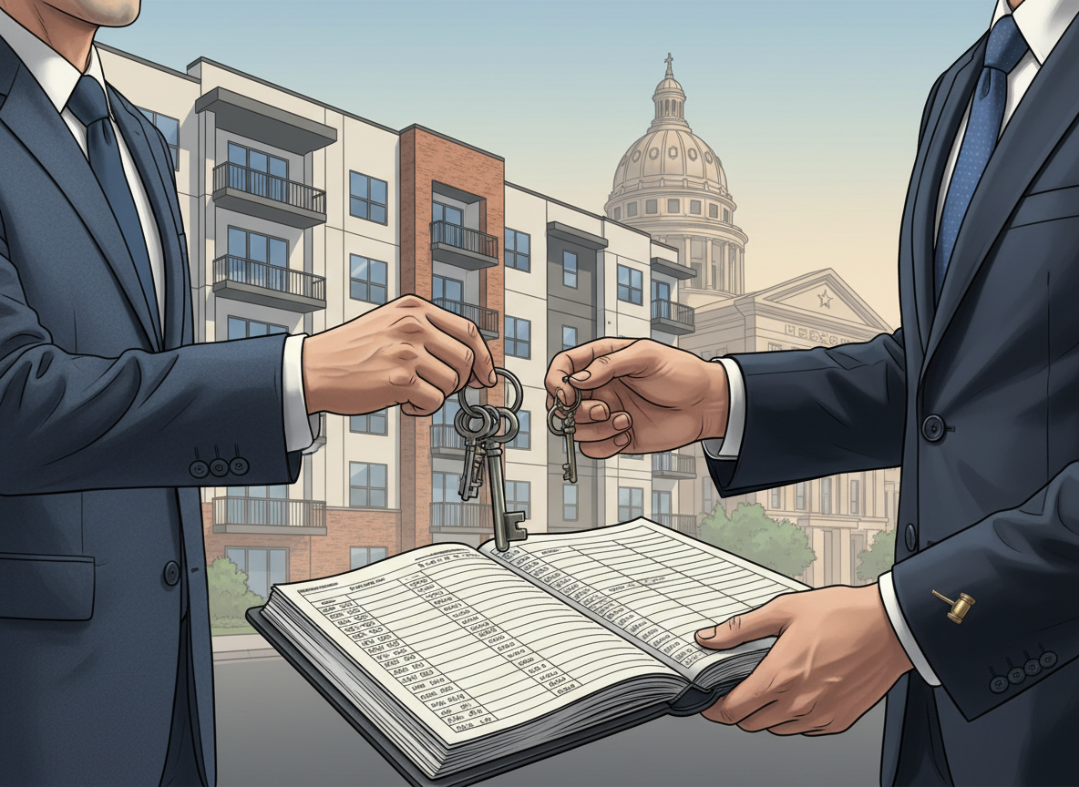 Professional editorial illustration for a law firm article about a Texas commercial real estate receivership: a modern multifamily commercial property, property keys and rent ledger being transferred from an owner to a neutral court-appointed custodian, subtle Texas courthouse architecture in the background, sophisticated restrained legal-business aesthetic, realistic editorial style, wide composition, no words or lettering