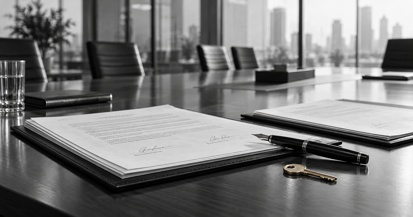 Business agreements, a fountain pen, and a key on a boardroom table.